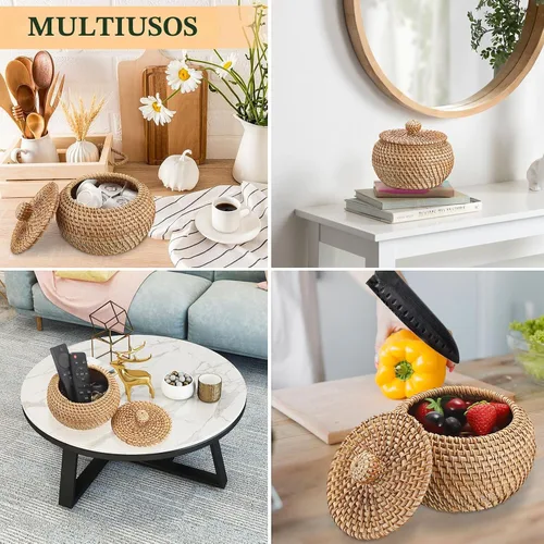 Miniatura 5 de Hipiwe Cajas de Cestas Redondas de Ratán con Tapa Tejidas a Mano, Cestas de Almacenamiento de Mimbre, Contenedor, Cesta Decorativa Multiusos