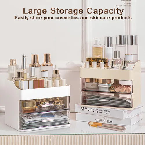Miniatura 3 de DASITON Organizador de maquillaje con 2 cajones, organizador de cosméticos de maquillaje de gran capacidad para tocador, tocador de baño