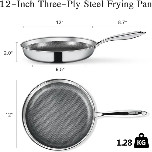Miniatura 3 de GiPP Sartén de acero inoxidable de tres capas, sartenes híbridas de 12 pulgadas, antiadherentes, aptas para lavavajillas y horno, listas