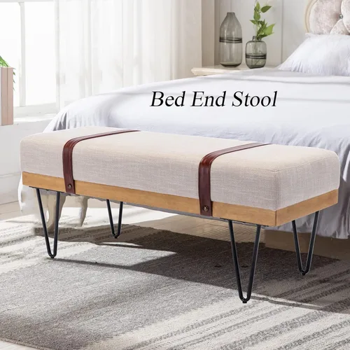 Miniatura 9 de DUOMAY Banco otomano rectangular de lino moderno industrial con correa de poliuretano y patas de metal, mesa de comedor de mediados de siglo, Beige