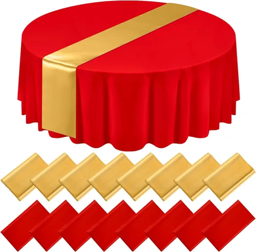 Miniatura 15 de Tudomro Juego de 16 manteles redondos de plástico negro y dorado y camino de mesa de satén de 84 pulgadas, fundas redondas de 12 x 108 pulgadas