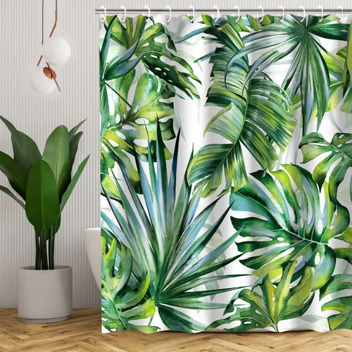 Miniatura 5 de LIVILAN Juego de cortinas de ducha con hojas de plantas tropicales, diseño botánico de selva con 12 ganchos para decoración de baño, 72 x 72 pulgadas