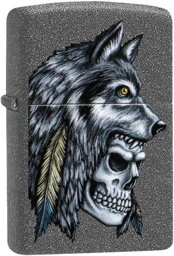 Miniatura 24 de Encendedores Zippo Lobo Emblema de lobo y cráneo cromado cepillado