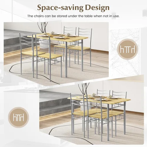 Miniatura 5 de COSTWAY Juego de 4 sillas de mesa de cocina, 5 piezas rectangulares de metal con almohadilla antideslizante, diseño que ahorra espacio, juego Nogal