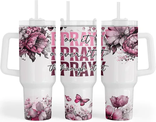 Fancyfams Regalos cristianos para mujeres, vaso de viaje de acero inoxidable de 40 onzas con asa y pajita, regalo de cumpleaños para mamá, amiga,