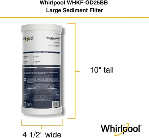 Miniatura 3 de Whirlpool Filtro de sedimentos de gran capacidad para toda la casa WHKF-GD25BB, caja completa de 4 filtros, filtración de 25 micrones certificada