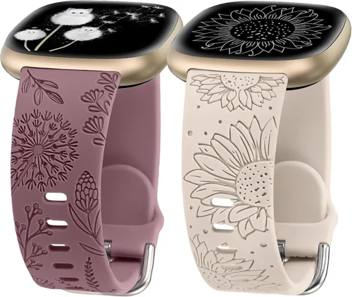 Minyee Paquete de 2 correas grabadas florales compatibles con Fitbit Versa 4/Versa 3/Sense 2/Sense Band para mujer, lindo diseño de girasol de