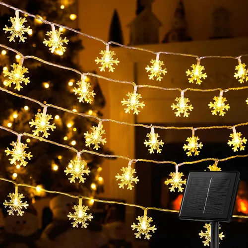 Miniatura 8 de Brightown Guirnalda de luces solares de copo de nieve de Navidad, paquete de 2 unidades, 100 luces LED de 78 pies para exteriores, impermeables