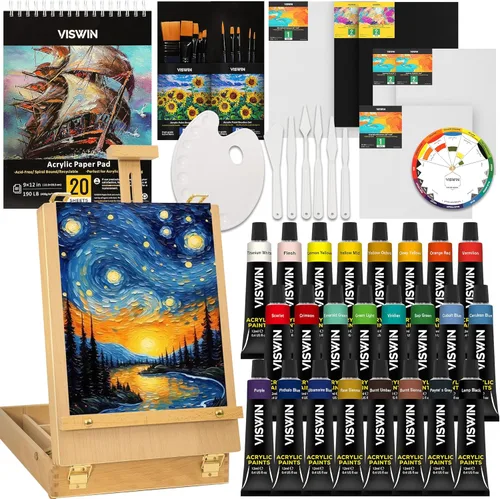 VISWIN Juego de pintura acrílica de 62 piezas con caja de caballete, kit de pintura con 24 pinturas acrílicas, lienzos, pinceles, paleta, bloc de