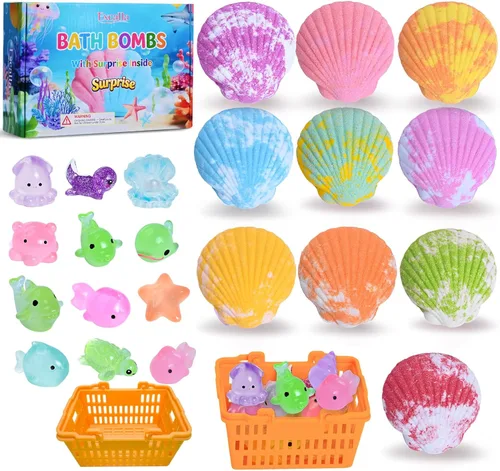 Bombas de baño para niños con juguetes en el interior para niñas y niños – 10 bombas de baño de burbujas hechas a mano con animales marinos