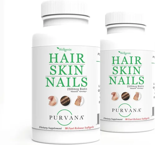 Wellgenix Purvana Suplemento para la piel y las uñas – 2500 mcg de biotina cápsulas blandas con MSM y complejo B – Soporte diario de belleza para
