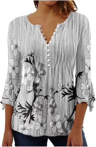 Miniatura 51 de Ceboyel Blusa tipo túnica con estampado floral para mujer, con botones, estilo Henley, con manga de codo, casual, trajes de moda para mujer