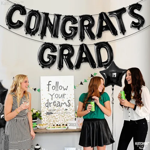 Miniatura 6 de Decoraciones de graduación 2026 Globos negros de graduación de felicitaciones – 16 pulgadas Cartel negro de felicitaciones graduadas Cartel