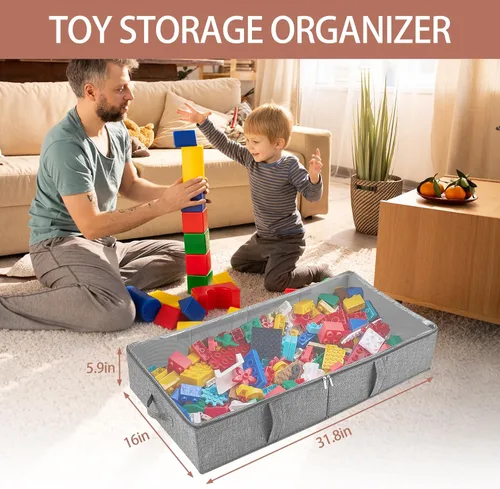 Miniatura 2 de Paquete de 2 cajas de almacenamiento de juguetes debajo de la cama, organizador de juguetes gris con tapa de PVC transparente, contenedores