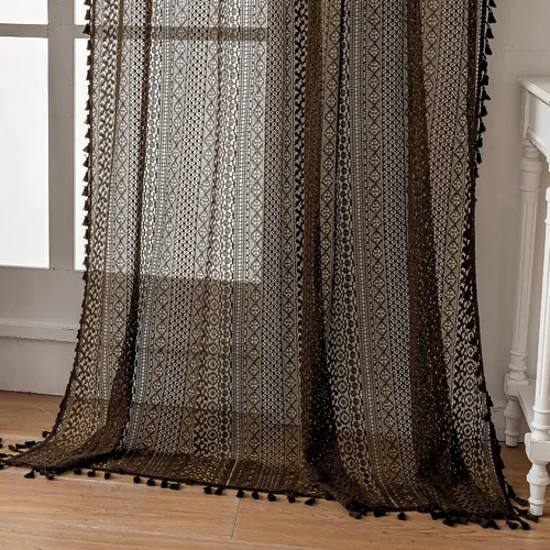 Miniatura 26 de WAZZIO Cortinas de Encaje, Cortina Boho de Crochet para Dormitorio, Cortinas de Café de Algodón, 45 Pulgadas de Largo, 2 Paneles con Bolsillo