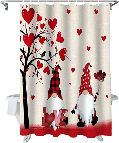 Miniatura 11 de cortina de ducha de gnomos del día de San Valentín, cortina de ducha rosa con corazones de amor para decoración de baño, juegos de cortinas de ducha