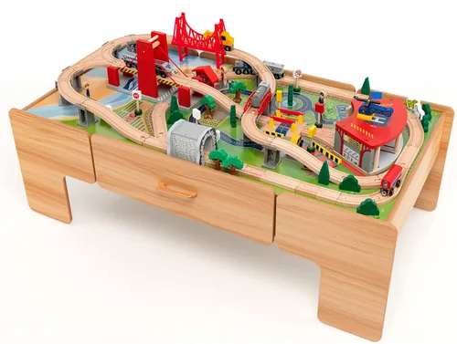 Miniatura 11 de HONEY JOY Mesa de tren, mesa de actividades de madera para niños con cajón de almacenamiento, 100 piezas multicolores, pistas, trenes, autos, juego
