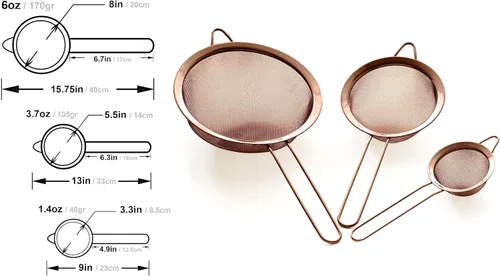 Miniatura 4 de Juego de coladores de malla fina - Acero inoxidable 304 premium (18/8) - Coladores de cocina resistentes de 8, 5.5 y 3.3 pulgadas (cobre)