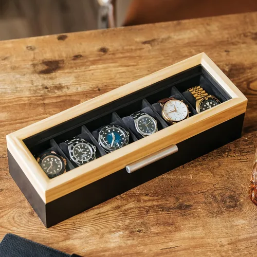 Miniatura 6 de CASE ELEGANCE Pino de dos tonos y base negra con mango de aluminio moderno caja de reloj de 6 ranuras con vidrio real