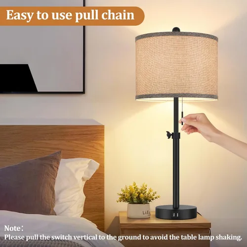Miniatura 6 de Kondras Table Lamps for Bedroom Set of 2, 23''-30'' Adjustable Height Bedside Lamps with 2 USB Ports, Black Nightstand Lamps with Grey Linen Shade
