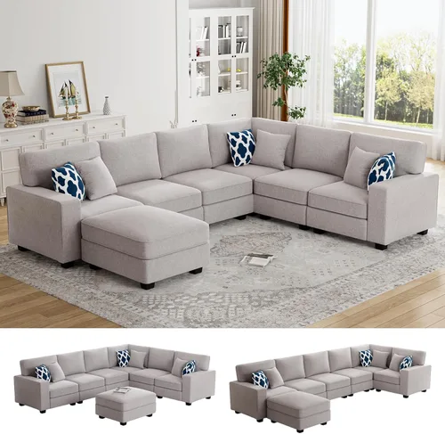 Legend Vansen - Sofá modular en forma de U con otomano, reversible, moderno, de esquina, seccional para sala de estar (Gris claro, Sofá en forma de
