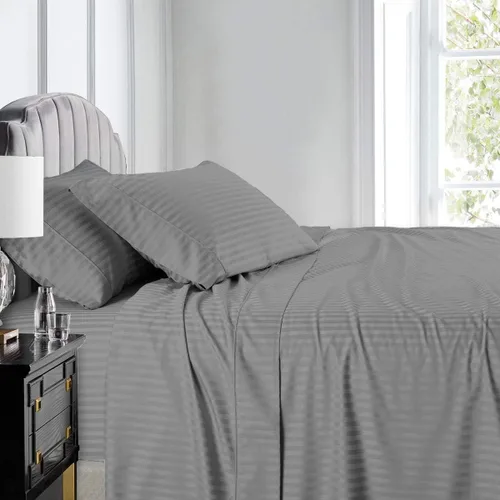 Miniatura 8 de Royal Hotel Bedding Sábanas a rayas de 600 hilos, juego de sábanas de 4 piezas, 100% algodón, rayas de satén, bolsillo profundo, tamaño Queen, azul
