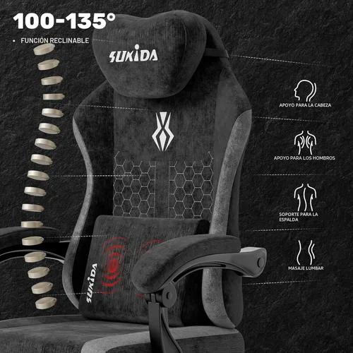 Miniatura 4 de SUKIDA Silla ergonómica de videojuegos de tela, sillas ergonómicas de respaldo alto para juegos de computadora con gran masaje ajustable, soporte