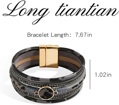 Miniatura 5 de Long tiantian Pulsera de leopardo para mujer, pulsera apilada con cierre multicapa de cuero bohemio con cristal de perla