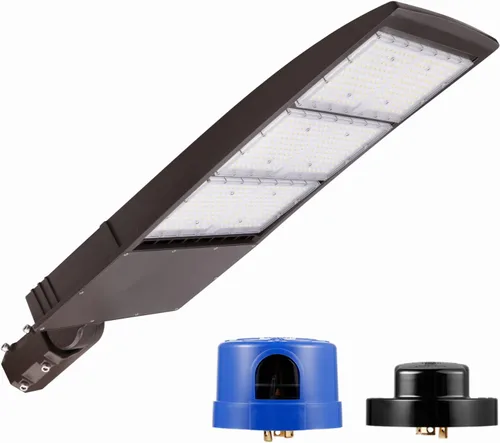 Luz de estacionamiento LED regulable de 450 W con ajustador deslizante, luz diurna de 5000 K, 63000 lúmenes, 140 lm/w, [fotocélulas del atardecer al