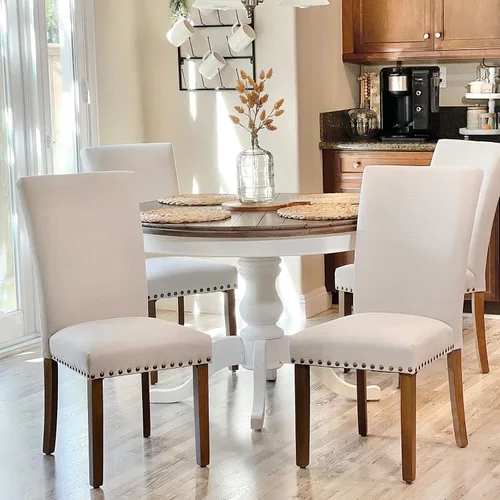Miniatura 3 de COLAMY Juego de 4 sillas de comedor tapizadas Parsons, sillas laterales de tela para comedor y cocina con ribete de cabeza de clavo y patas de Beige