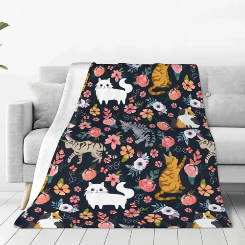 Manta de flores de gato, suave, cálida, ligera, acogedora manta de felpa para cama, sofá, oficina, decoración de regalos para niños y mujeres, 50 x