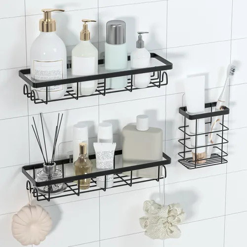 Miniatura 14 de Organizador de Cesta de Ducha con Ganchos, Estantes de Baño Autoadhesivos, Organizadores y Almacenamiento de Baño sin Taladro, Perfecto para RV