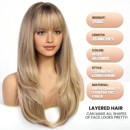 Miniatura 4 de EMMOR Peluca rubia con flequillo para mujer, pelucas largas y lacias, peinado sintético en capas para niñas, fiesta, cosplay y uso diario