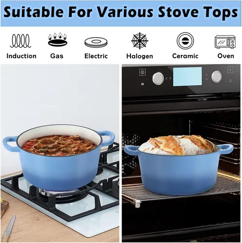 Miniatura 6 de TeamFar 6QT Horno Holandés con Tapa, Olla de Cocina de Hierro Fundido Esmaltada Antiadherente para Guisar, Hornear, Brasear, Apto para Varias Azul