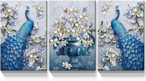 Denozer Lienzo decorativo para pared, 3 paneles, 12 x 16 pulgadas, elegante, pavo real azul con imagen floral blanca, impresión de pintura de