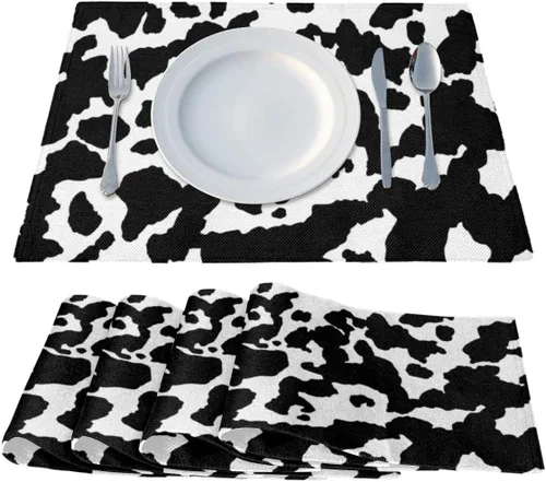 Miniatura 2 de Juego de 4 manteles individuales con estampado de vaca, lavables, impermeables, para decoración de mesa de comedor, 18 x 12 pulgadas
