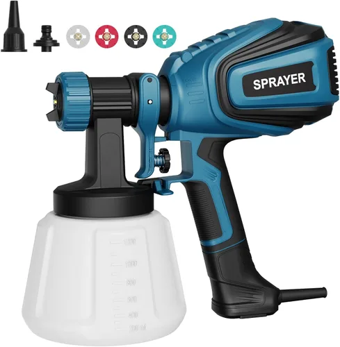 VONFORN Pulverizador de pintura, pistola de pulverización HVLP de 700 W con juntas de limpieza y soplado, 4 boquillas y 3 patrones, fácil de Azul