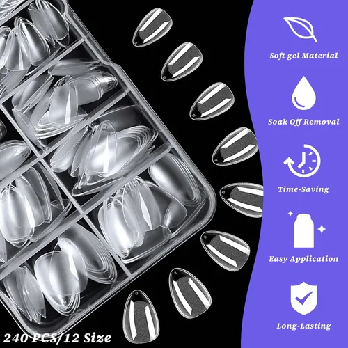 Miniatura 4 de 240 puntas de uñas de gel extra cortas, uñas postizas de almendra, uñas postizas transparentes, uñas cortas XS de almendra, puntas de uñas
