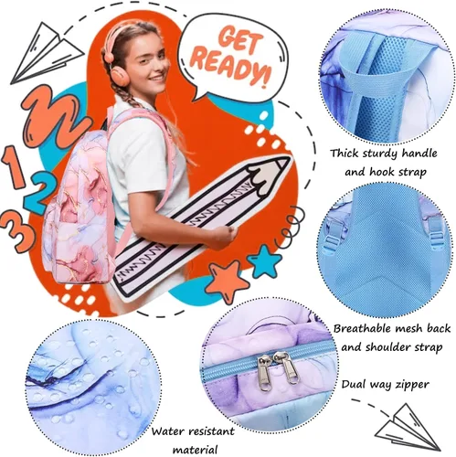 Miniatura 4 de Jumpopack Mochila escolar para adolescentes y niñas, mochila con lonchera, mochilas para niños para escuela primaria, bolsa de libros (azul mármol)