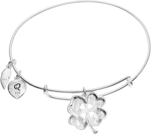 Miniatura 3 de Qina C Pulsera ajustable de plata de ley con 4 hojas de trébol de corazón con texto en inglés Forever Today Tomorrow, Plata de ley Plata