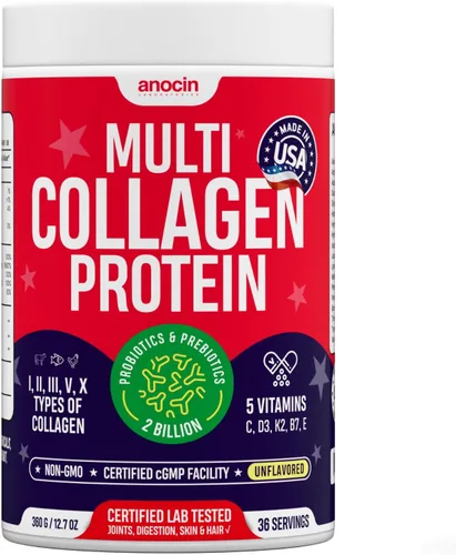anocin Péptidos de colágeno múltiple con prebióticos + probióticos + tipo I, II, III, V, X + polvo de colágeno hidrolizado con vitamina C+D3+B7+K2+E