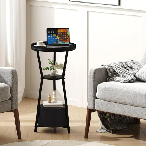 Miniatura 7 de Yusong Mesa auxiliar redonda, mesa pequeña para bebidas para espacios pequeños, mesa auxiliar industrial de 3 niveles, mesita de noche decorativa