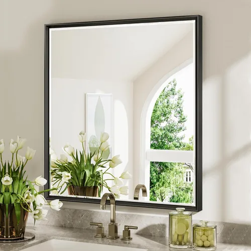 Miniatura 44 de Espejo de baño negro, espejo de baño biselado de 16 x 24 pulgadas para pared, espejo con marco negro antioxidante para decoración de baño, sala