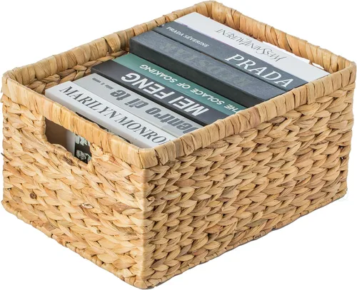 Miniatura 8 de Cesta rectangular de mimbre de jacinto de agua tejido natural con asas, organizador de almacenamiento pequeño, bandeja de cesta poco profunda de 12
