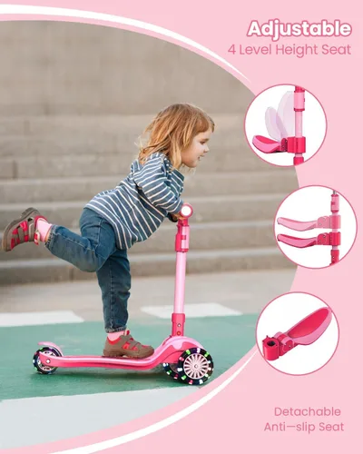 Miniatura 2 de Patinete ajustable 2 en 1 para niños de 3 a 5 años (adecuado de 3 a 12 años), manillar de 5 niveles y asiento extraíble, ruedas con luces LED, Rosa