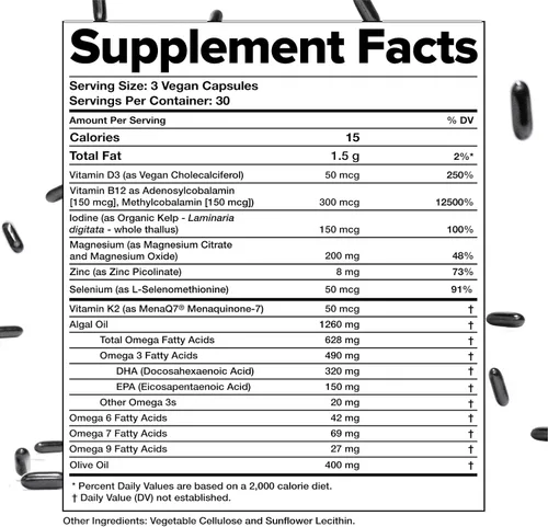 Miniatura 6 de Complement Multivitamínico vegano esencial para mujeres y hombres - Suplemento de apoyo inmunológico con Omega-3 DHA y EPA, B12, vitamina D3 y K2