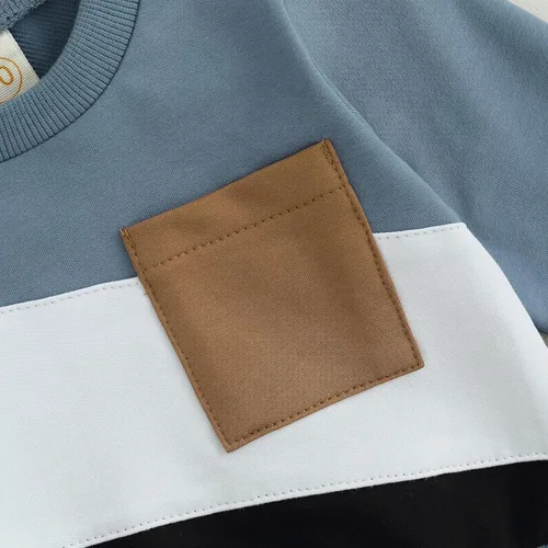 Miniatura 5 de BeQeuewll Ropa para bebé niño de otoño e invierno, 2 piezas, bloque de color, sudadera y pantalones con cuello redondo