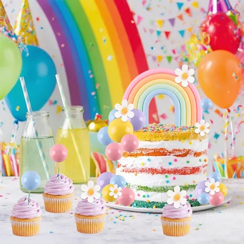 Miniatura 2 de Decoración de pastel de arco iris, 26 unidades, bolas de macarrón, decoraciones para tartas con flores, decoraciones para tartas temáticas
