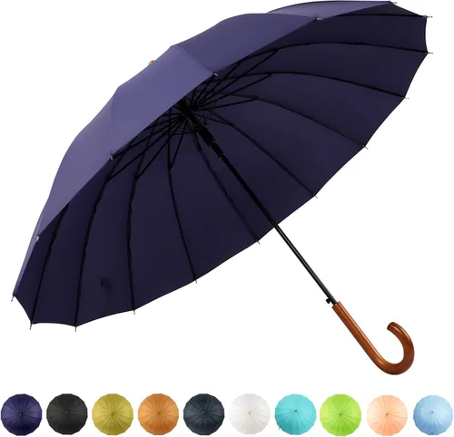 Miniatura 44 de SoulRain Paraguas de palo de 16 varillas de 48 pulgadas, apertura automática, color sólido, moderno y simple, mango de madera clásico de arco