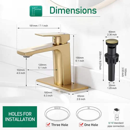 Miniatura 6 de VOTON - Grifo de fregadero de baño de oro cepillado con una sola manija y desagüe desplegable para lavabo de 1 agujero o 3 agujeros con placa